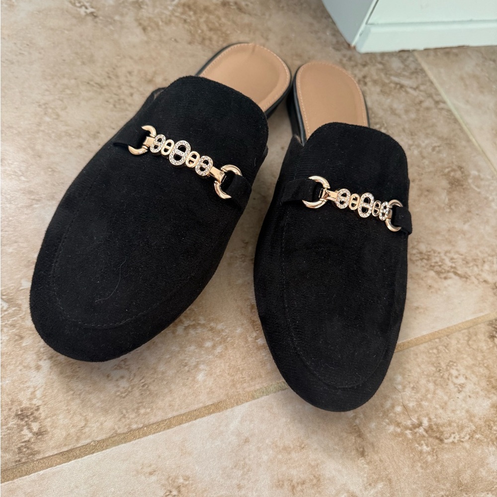 Black Suede Mule Loafers with Gold Chain Detail - Picture 8 of 10
